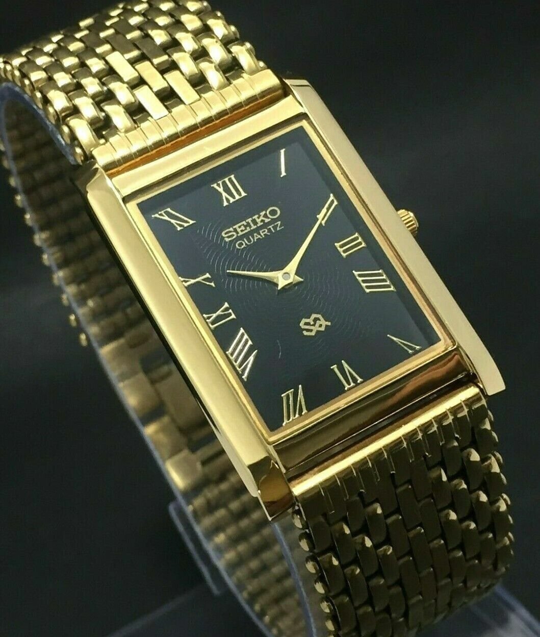 Seiko Slim Quartz Rectangular Black Face Gold Bracelet Men's Watch A01