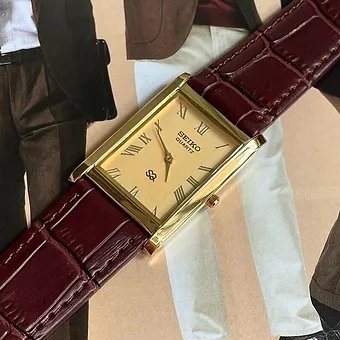 Seiko Slim Rectangular Gold Face Brown Band Mens watch A0116